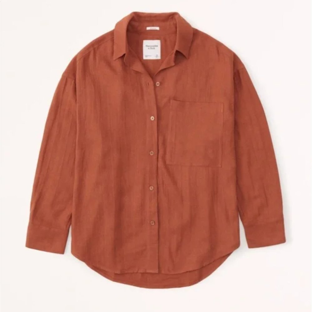 Abercrombie Oversized Linen-Blend Button-Up Shirt Paprika Rust Orange XXS